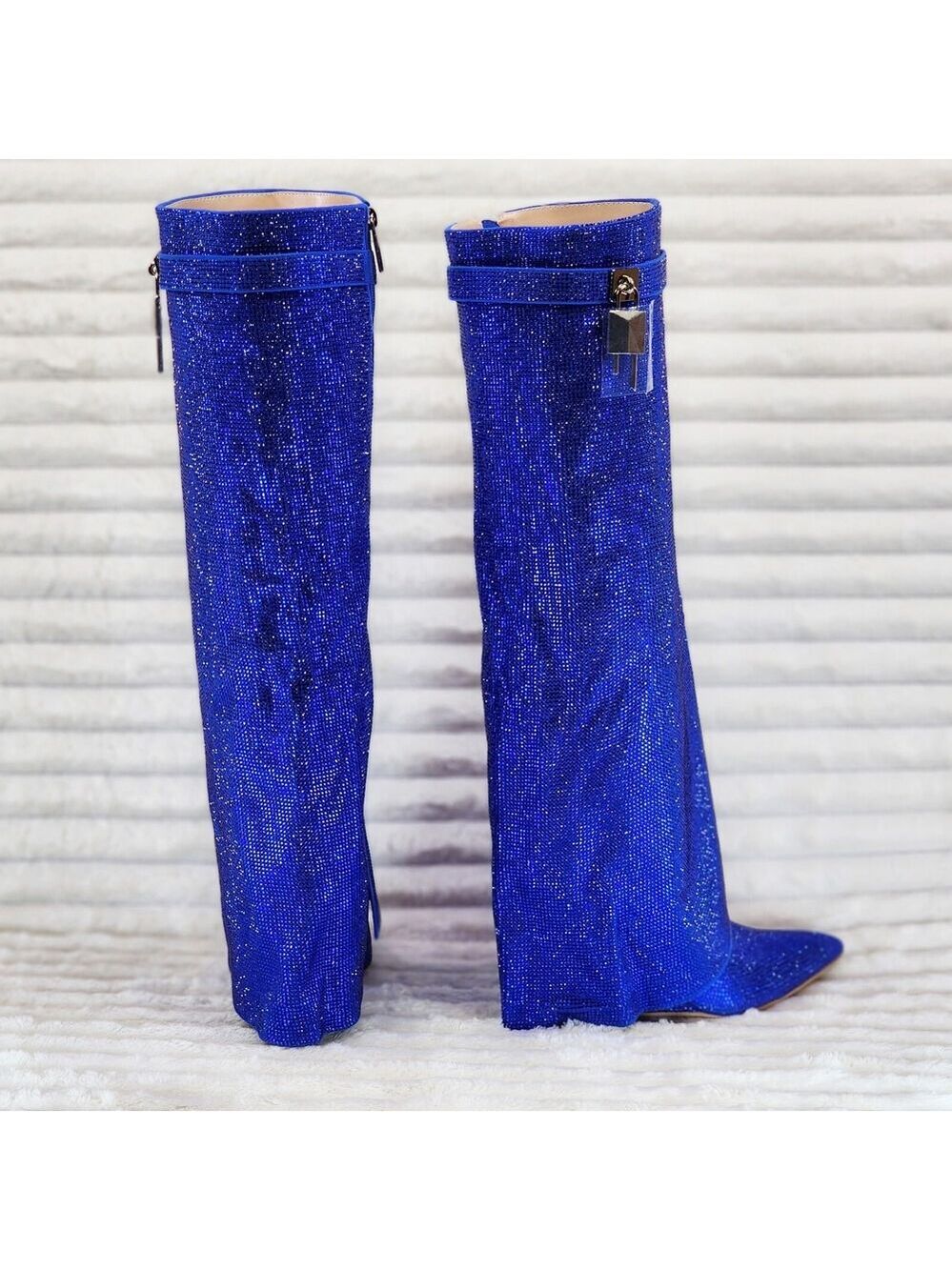 NIB Super Sparkle Sharky Skirted Fold Over Wedge Heel Knee Boots Royal Blue - Picture 8 of 15